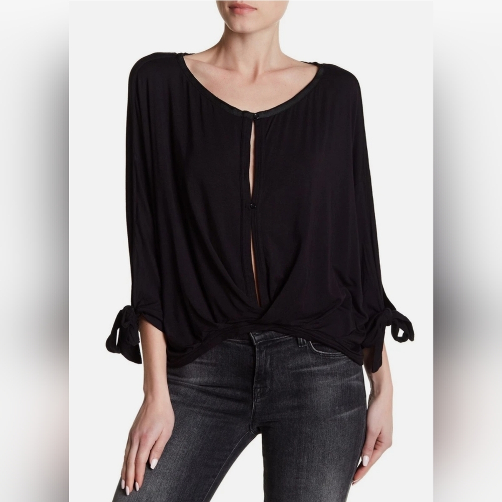 FREE PEOPLE Keepin On Black Top Womens Twist Front Tie Sleeves Sz Small